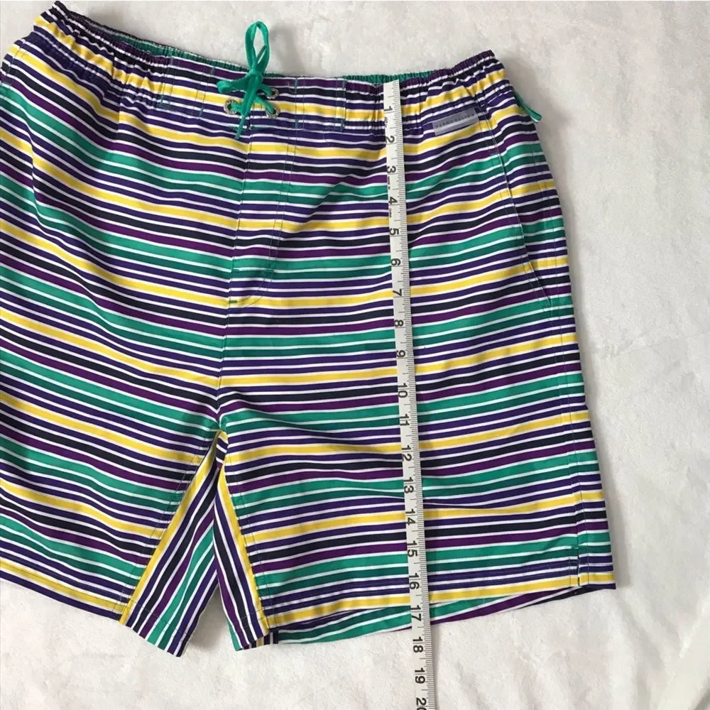 Perry Ellis Striped Men's Medium Swim Trunks Board Shorts Green Blue Yellow